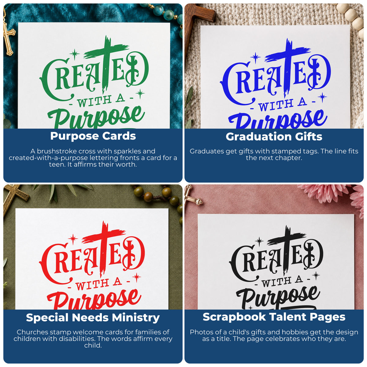 Four ways to use the Created With A Purpose Pre-Inked Stamp – Slim: purpose cards, graduation gifts, special needs ministry and scrapbook talent pages.