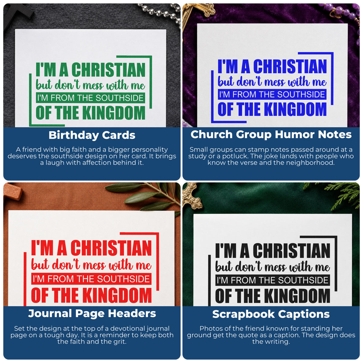 Christian rubber stamp ideas for Bible journaling, prayer cards, scrapbooking, and church event favors with faith-based phrases.