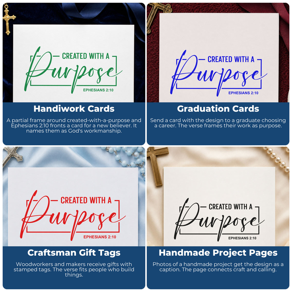Four ways to use the Created With A Purpose Framed Lettering Pre-Inked Stamp – Slim: handiwork cards, graduation cards, craftsman gift tags and handmade project pages.