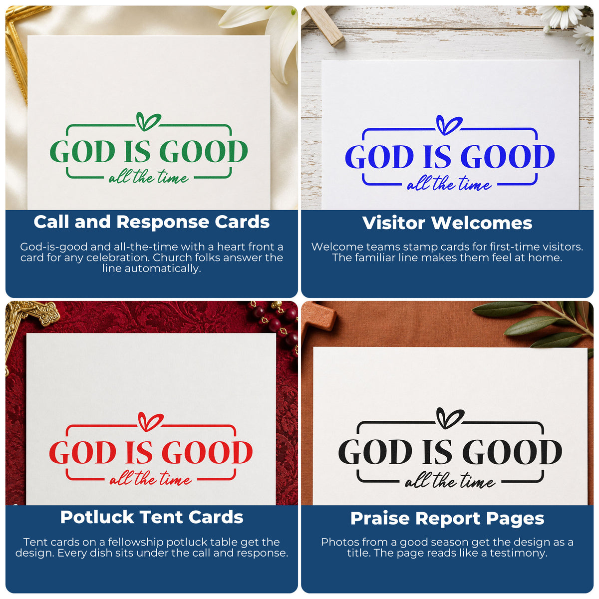 Four ways to use the God Is Good Self-Inking Stamp: call and response cards, visitor welcomes, potluck tent cards and praise report pages.