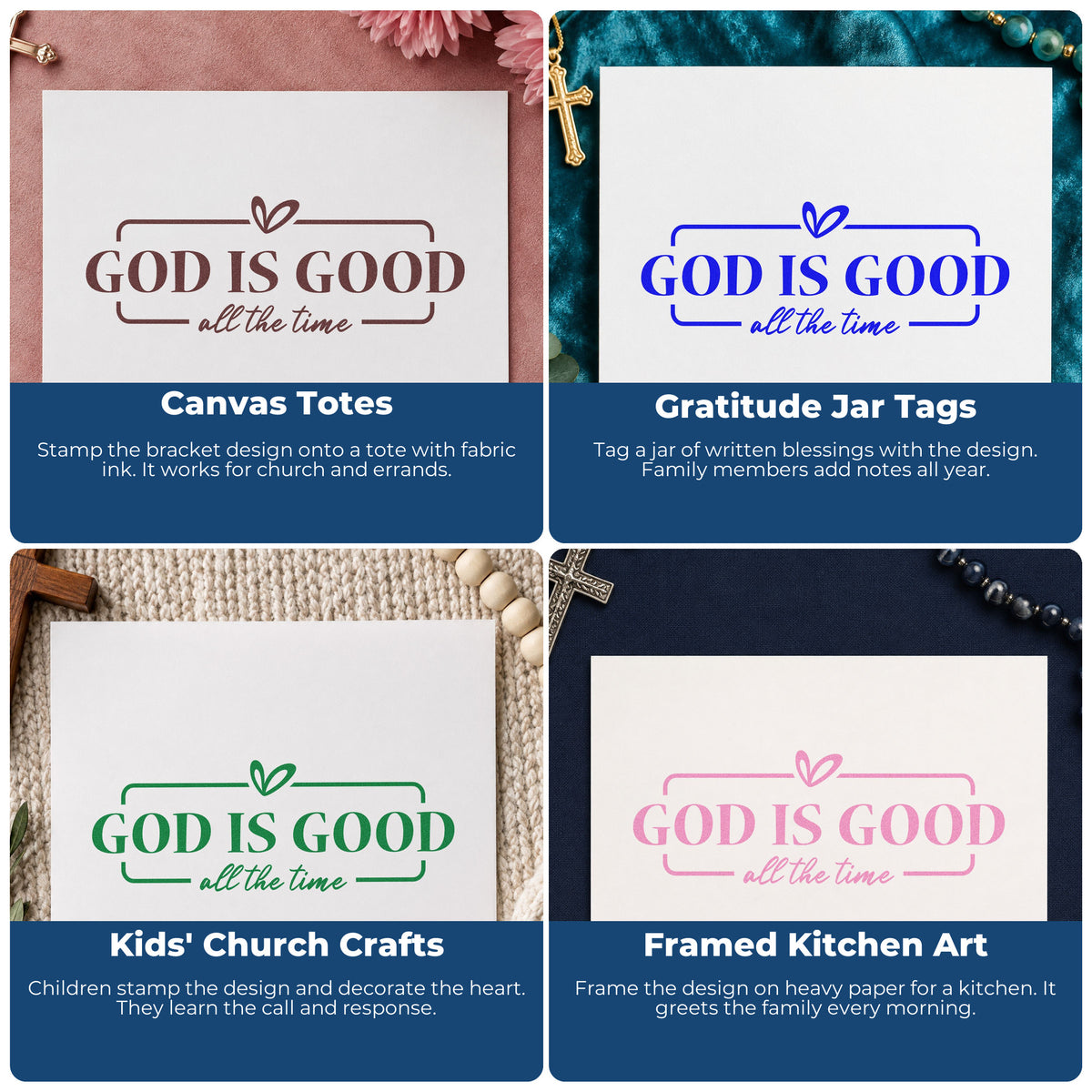 Four ways to use the God Is Good Self-Inking Stamp: canvas totes, gratitude jar tags, kids' church crafts and framed kitchen art.