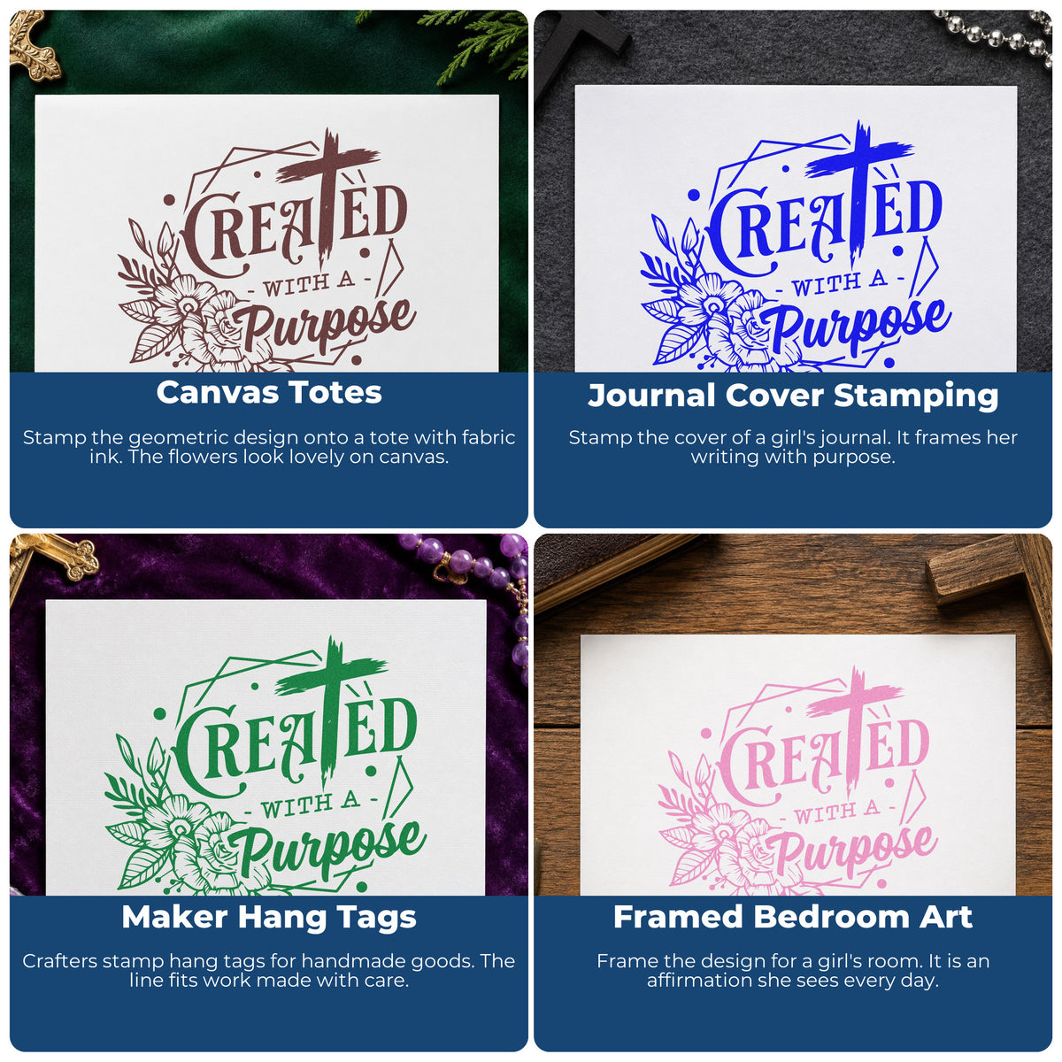 Four ways to use the Created With A Purpose Floral Premium Wood-Mounted Stamp - Vintage Pro: canvas totes, journal cover stamping, maker hang tags and framed bedroom art.