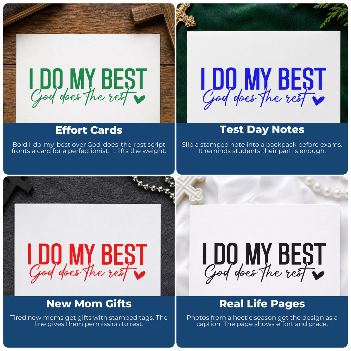 Four ways to use the I Do My Best With Hearts Self-Inking Stamp: effort cards, test day notes, new mom gifts and real life pages.