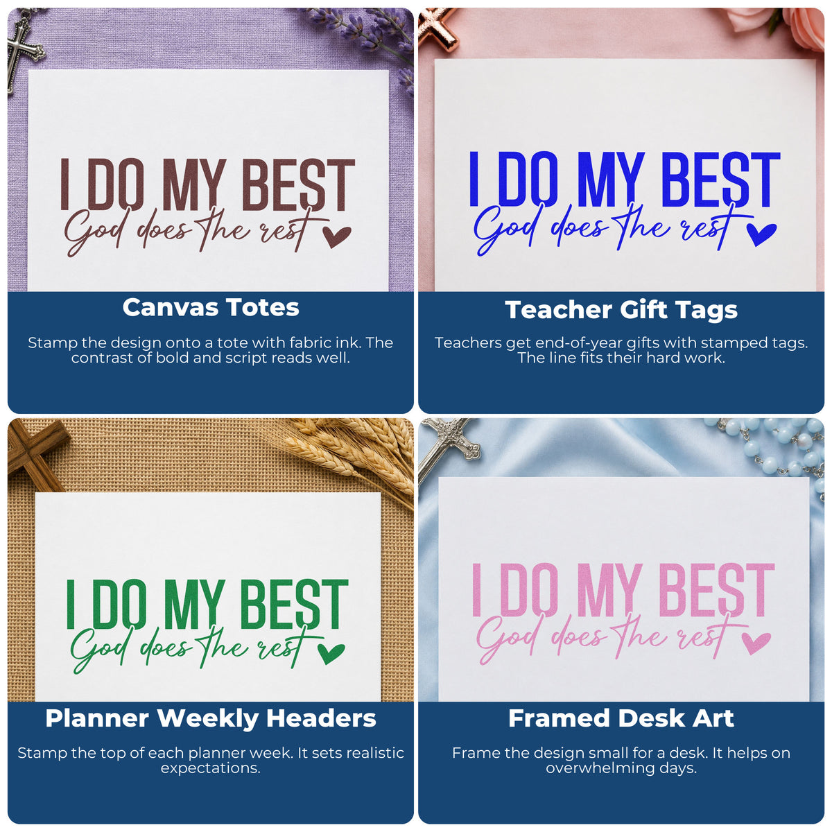 Four ways to use the I Do My Best With Hearts Hand Stamp – Duo: canvas totes, teacher gift tags, planner weekly headers and framed desk art.