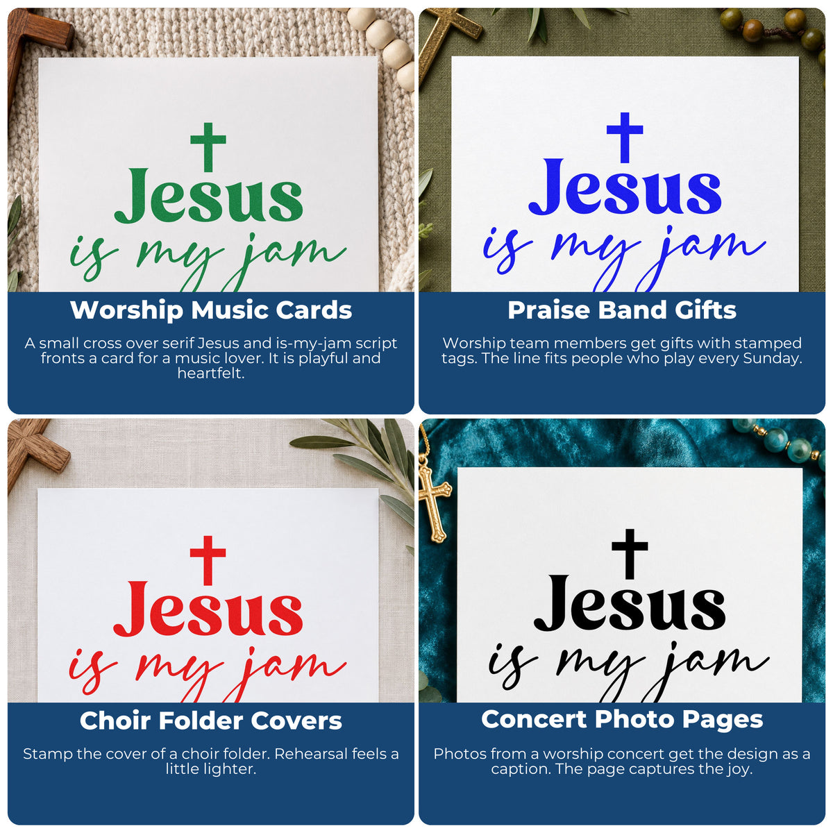 Four ways to use the Jesus Is My Jam Script Slim Pre-Inked Stamp: worship music cards, praise band gifts, choir folder covers and concert photo pages.