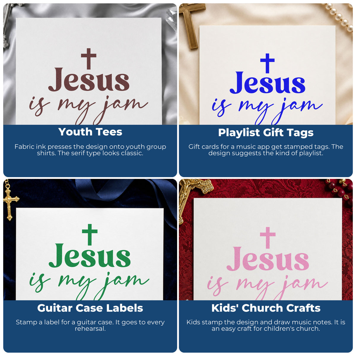 Four ways to use the Jesus Is My Jam Script Slim Pre-Inked Stamp: youth tees, playlist gift tags, guitar case labels and kids' church crafts.