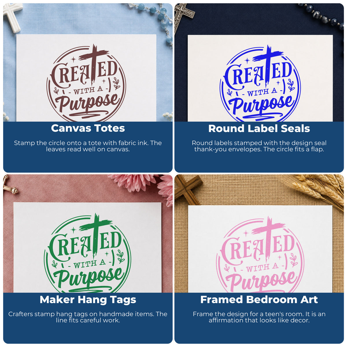 Four ways to use the Created With A Purpose Circle Rubber Stamp – Duo Hand: canvas totes, round label seals, maker hang tags and framed bedroom art.
