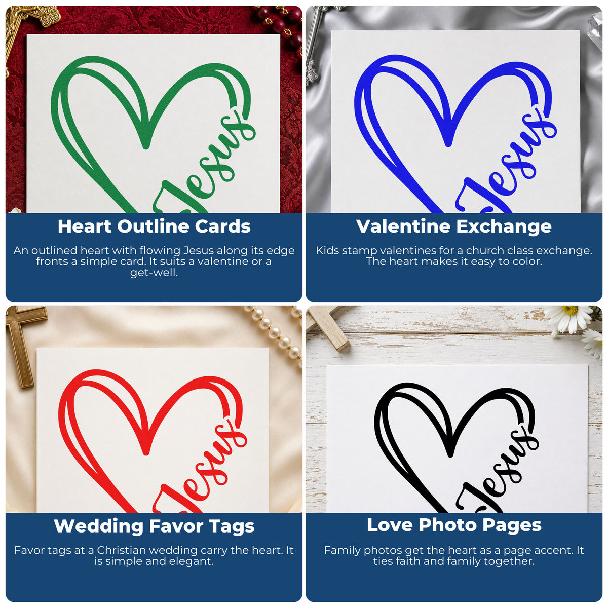 Four ways to use the Jesus Heart Line Art Slim Pre-Inked Stamp: heart outline cards, valentine exchange, wedding favor tags and love photo pages.