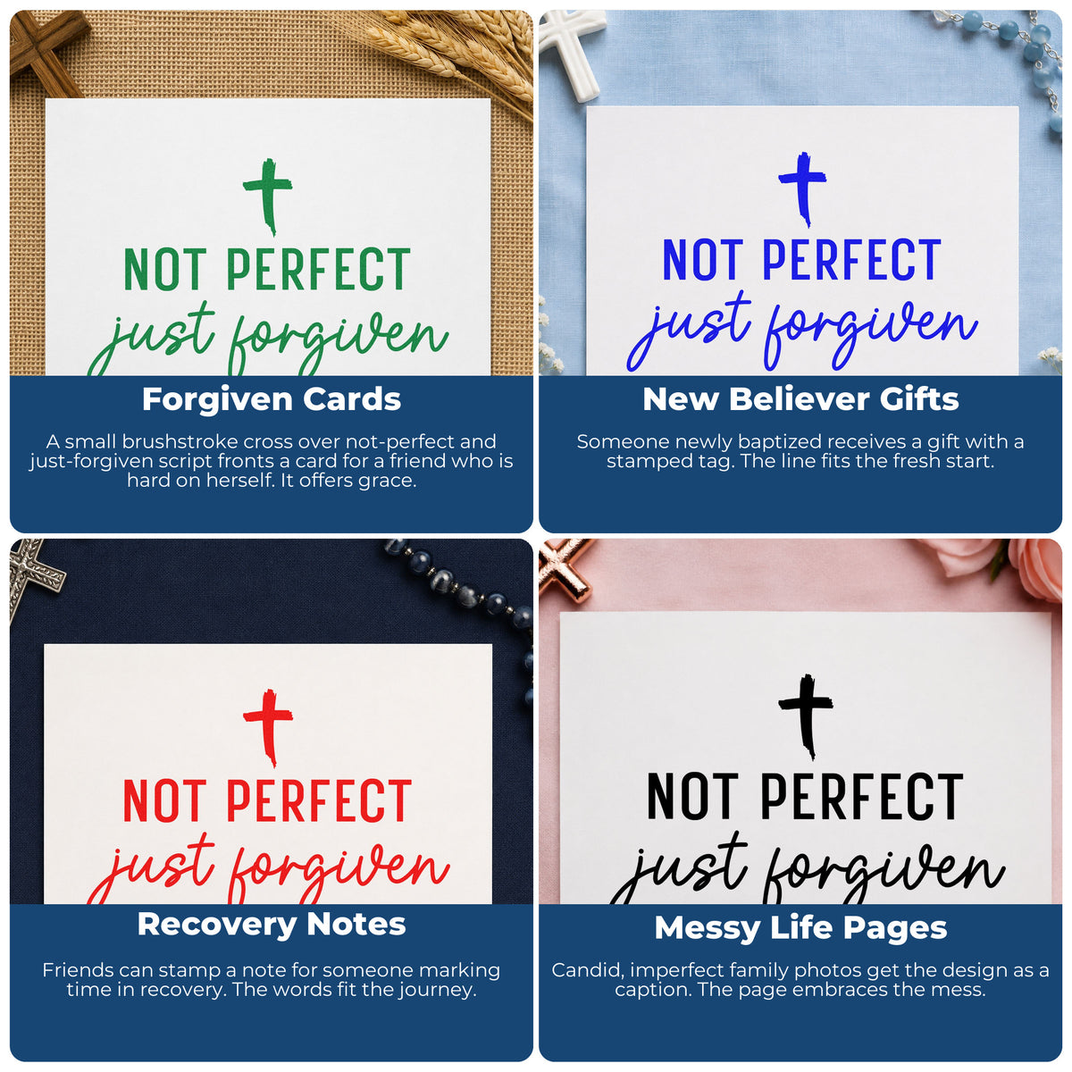Four ways to use the Not Perfect Just Forgiven Cross Script Lettering Wood-Mounted Rubber Stamp: forgiven cards, new believer gifts, recovery notes and messy life pages.
