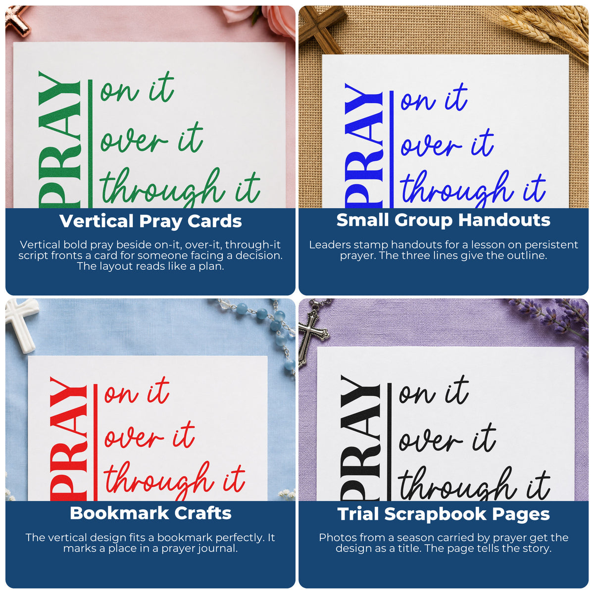 Christian rubber stamp examples for Bible journaling, prayer cards, faith scrapbooking, and church event favors.