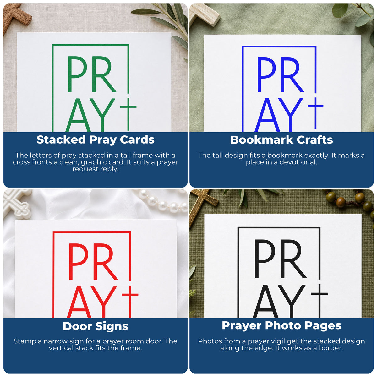 Four ways to use the PSI Pre-Inked Pray Minimal Cross Frame Accent Stamp: stacked pray cards, bookmark crafts, door signs and prayer photo pages.