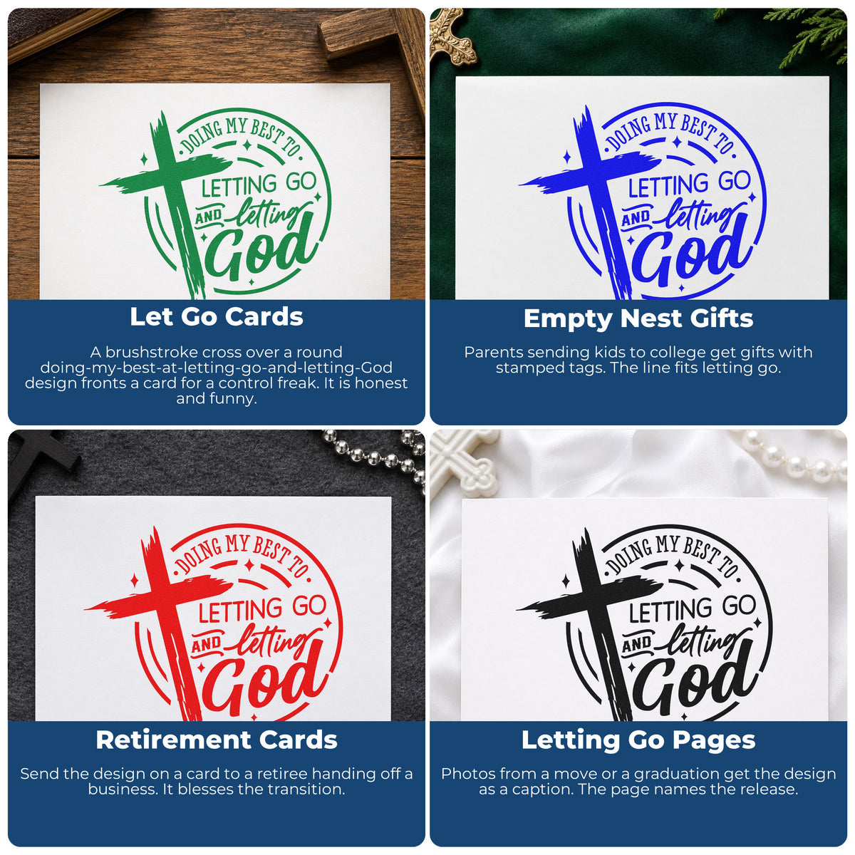 Four ways to use the Doing My Best At Letting Go And Letting God Wood Handle Stamp: let go cards, empty nest gifts, retirement cards and letting go pages.