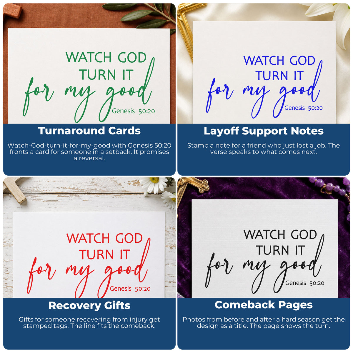 Four ways to use the Watch God Turn It For Good Rubber Stamp – Wood Handle: turnaround cards, layoff support notes, recovery gifts and comeback pages.