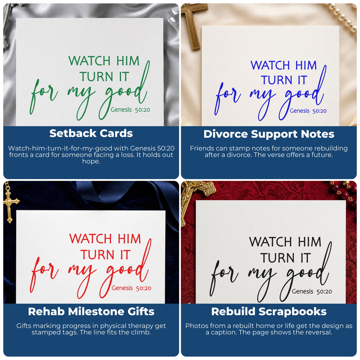 Four ways to use the Watch Him Turn It For My Good PSI Pre-Inked Stamp: setback cards, divorce support notes, rehab milestone gifts and rebuild scrapbooks.