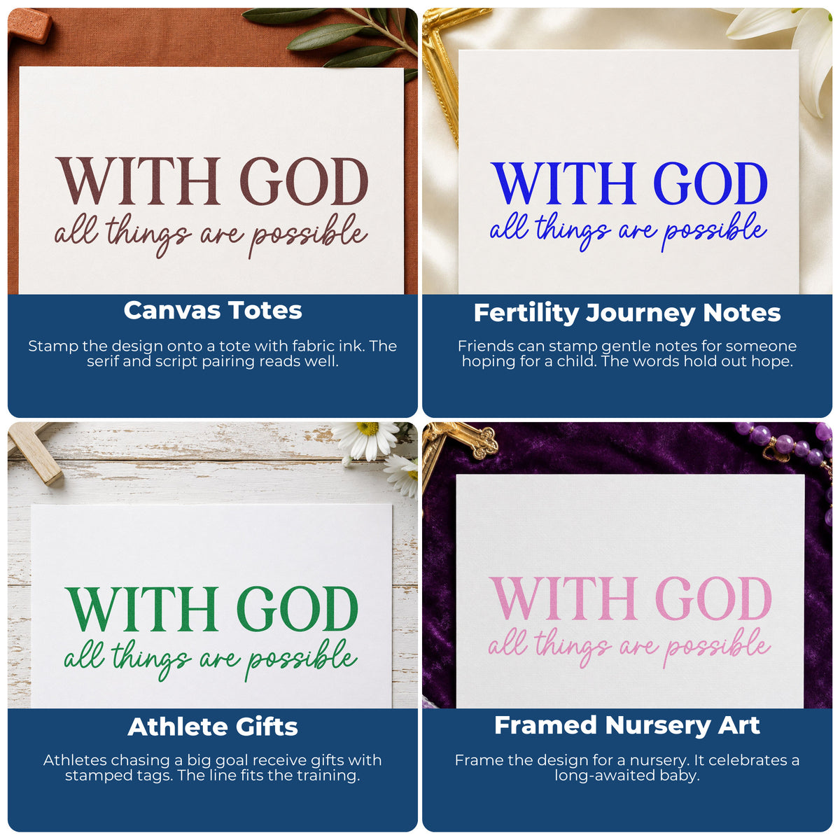 Four ways to use the With God All Things Are Possible Rubber Stamp – Duo Hand: canvas totes, fertility journey notes, athlete gifts and framed nursery art.