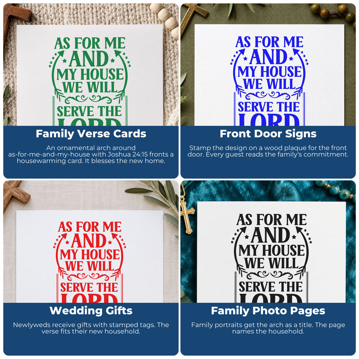 Four ways to use the As For Me And My House Wood-Mounted Rubber Stamp: family verse cards, front door signs, wedding gifts and family photo pages.