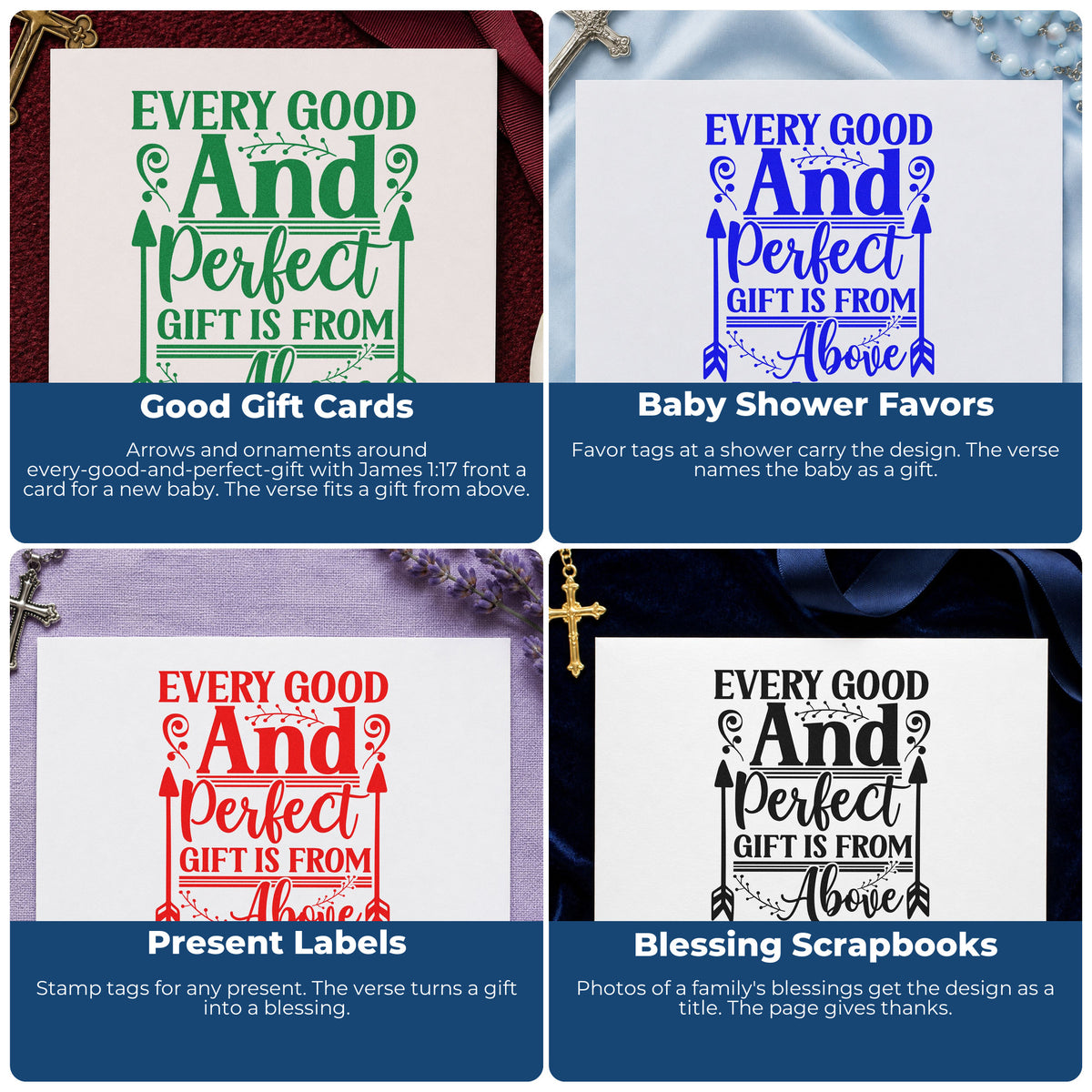 Four ways to use the Every Good And Perfect Gift Rubber Stamp – Wood Handle: good gift cards, baby shower favors, present labels and blessing scrapbooks.