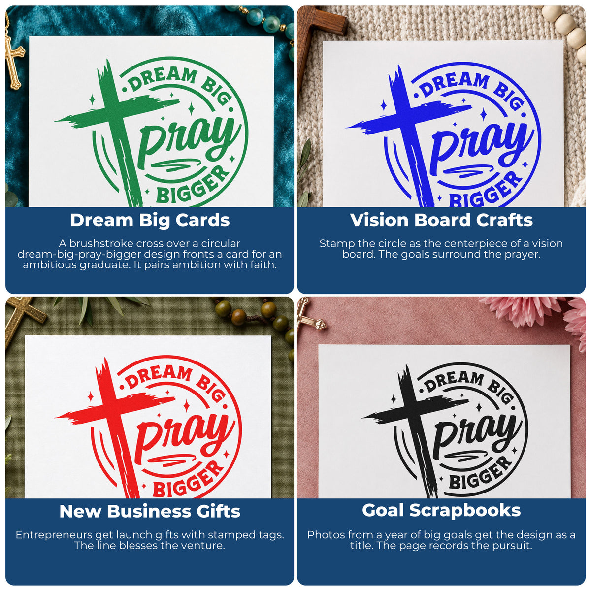 Collage of Christian rubber stamp ideas for Bible journaling, faith-based scrapbooking, prayer cards, and church event favors.