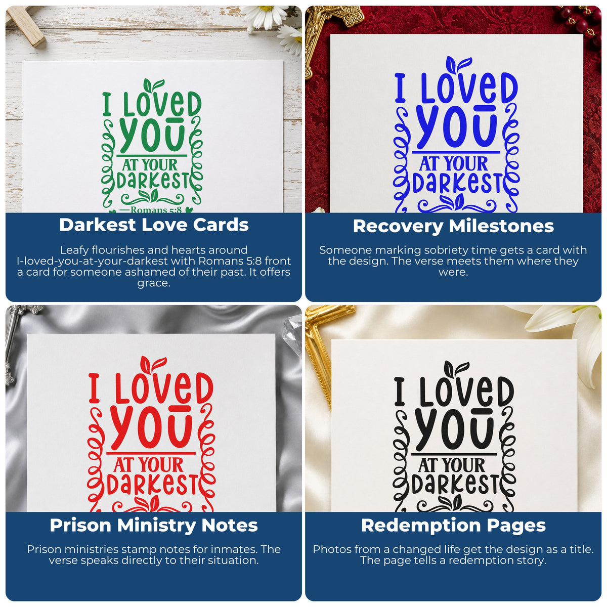 Christian rubber stamp examples for Bible journaling, faith-based scrapbooking, prayer cards, and church event favors.