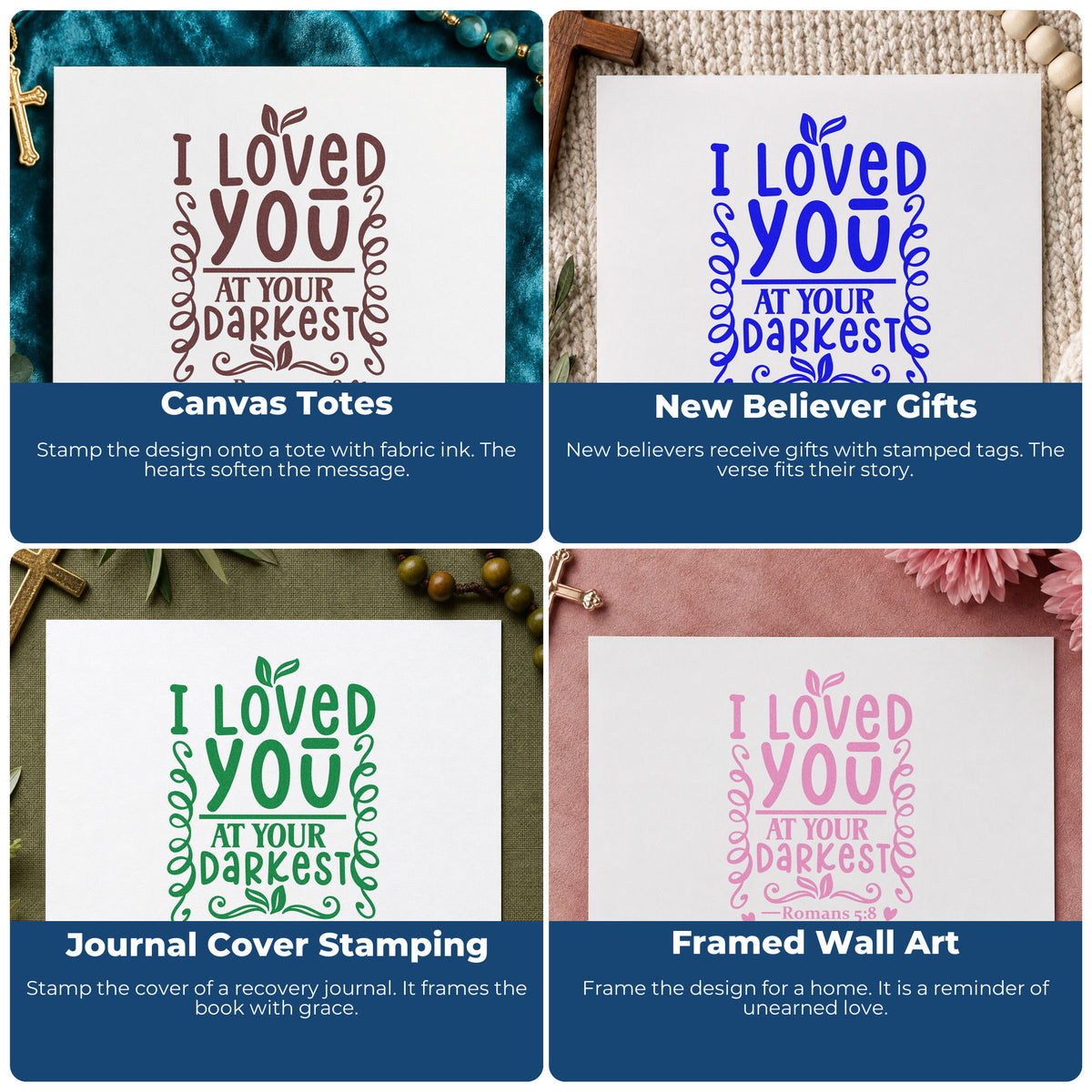 Christian rubber stamp examples for gift tags, faith mail art, planners, and Sunday school crafts with scripture designs