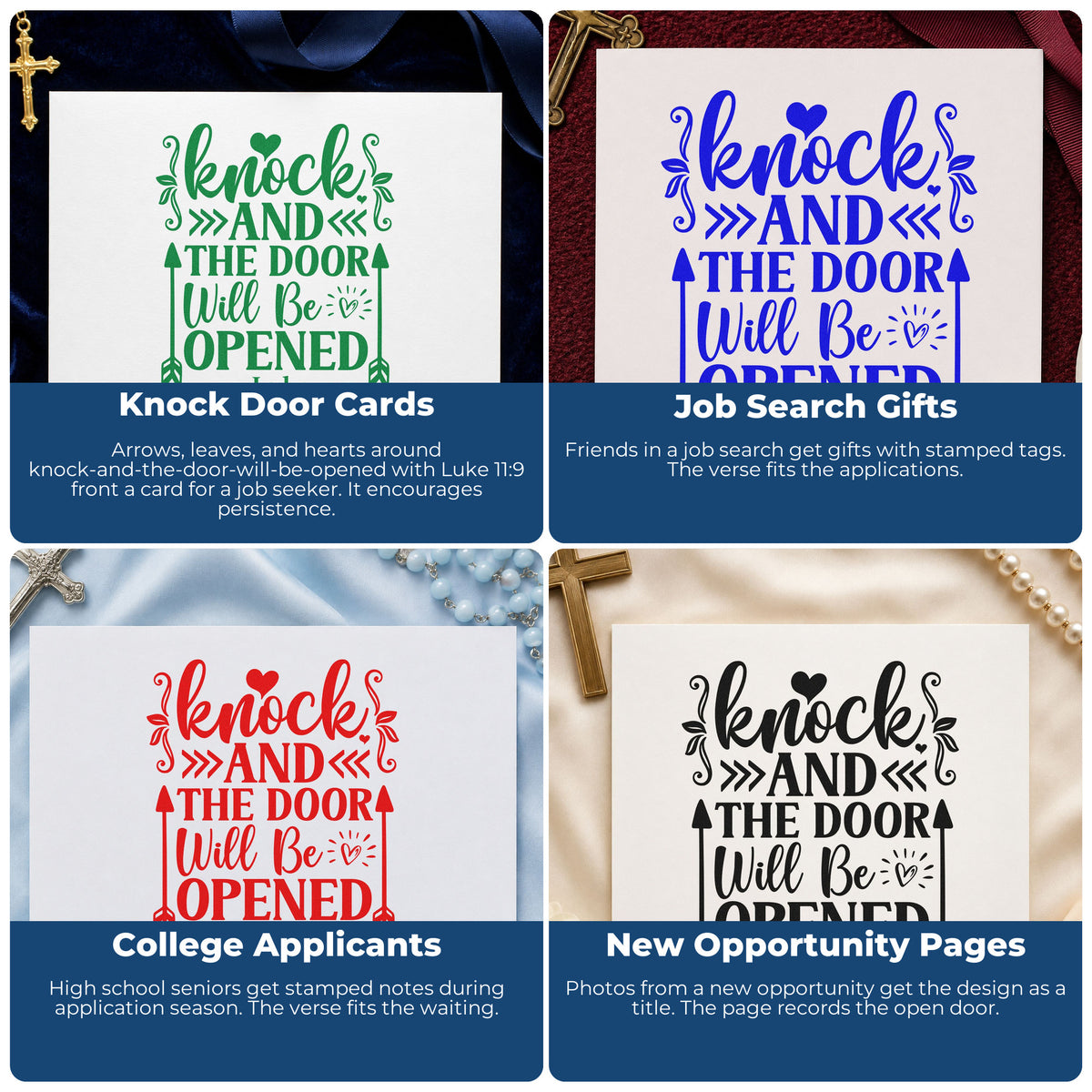 Four ways to use the Knock And The Door Will Open Leaf Accents Stamp - Premium Vintage Pro Wooden: knock door cards, job search gifts, college applicants and new opportunity pages.