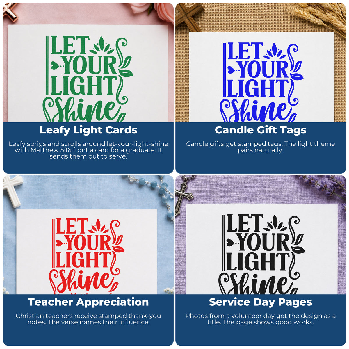 Christian rubber stamps for Bible journaling, faith scrapbooking, prayer cards, and church event favors.
