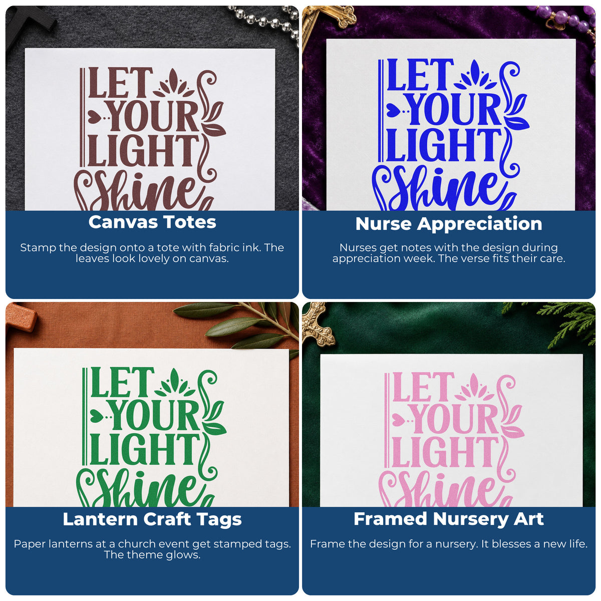 Four ways to use the Let Your Light Shine Leaves Stamp – Duo Hand: canvas totes, nurse appreciation, lantern craft tags and framed nursery art.