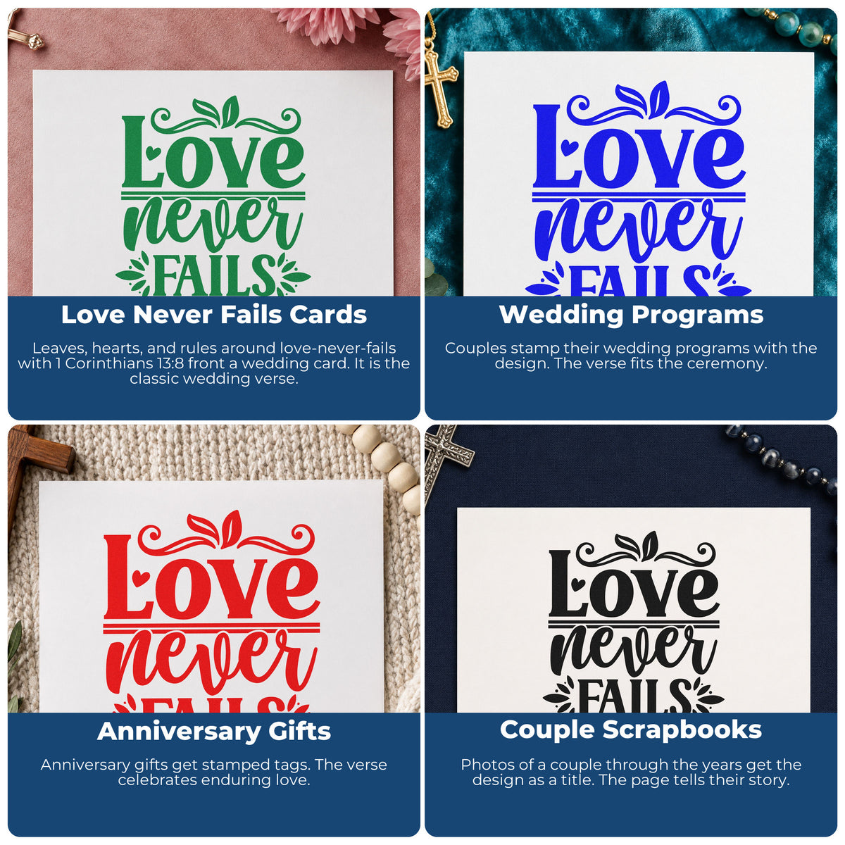Four ways to use the Wood Handle Love Never Fails Leaf Accents Rubber Stamp: love never fails cards, wedding programs, anniversary gifts and couple scrapbooks.