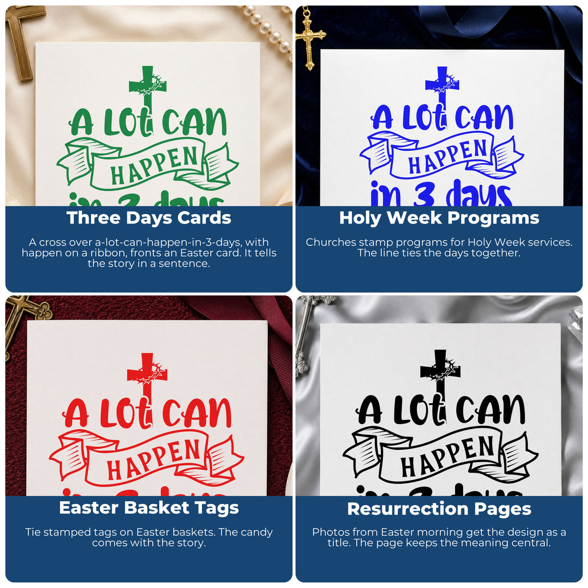 Four ways to use the Slim Pre-Inked Three Days Cross Banner Stamp: three days cards, holy week programs, easter basket tags and resurrection pages.
