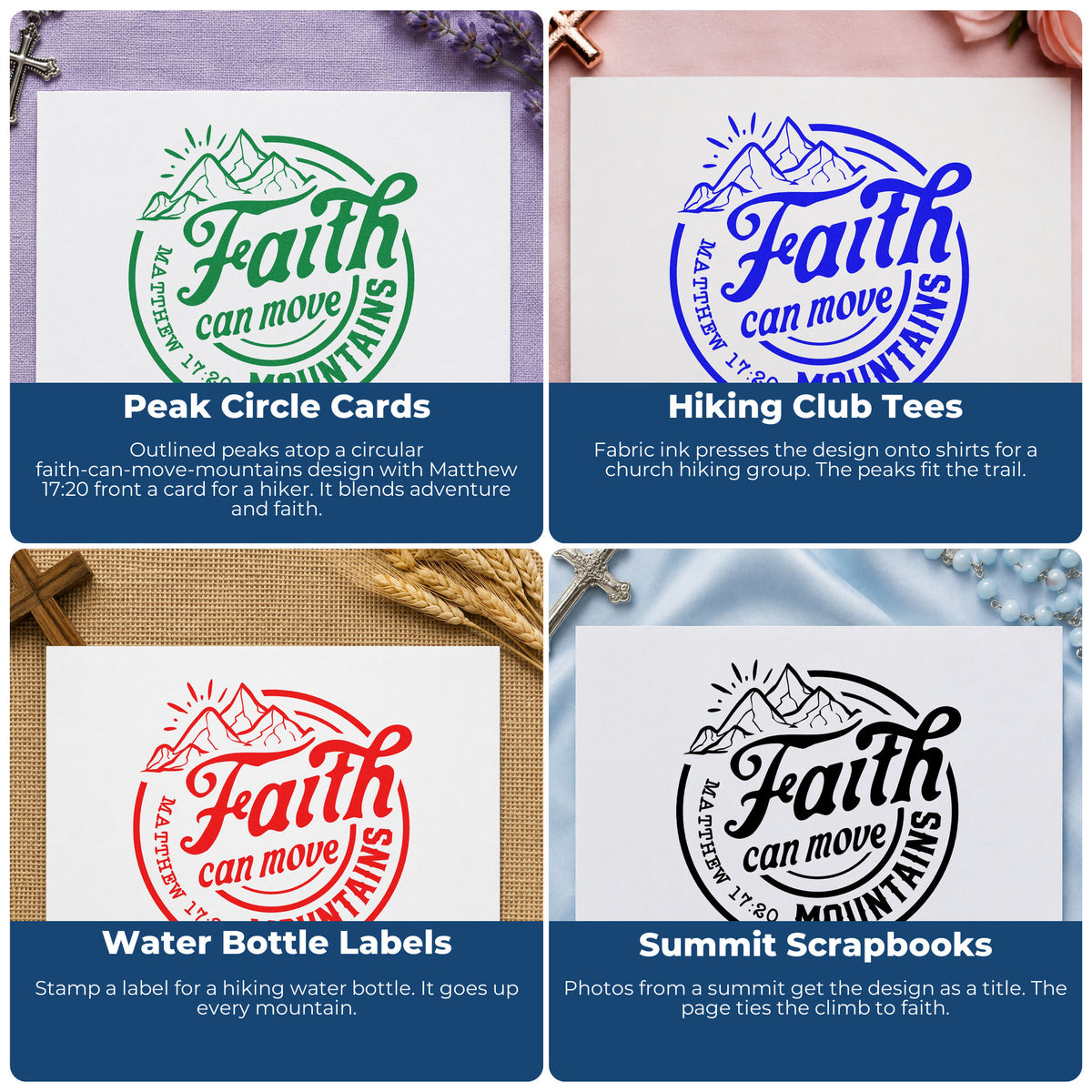 Faith-based rubber stamps for Bible journaling, scrapbooking, prayer cards, and church event favors with Christian verse designs.