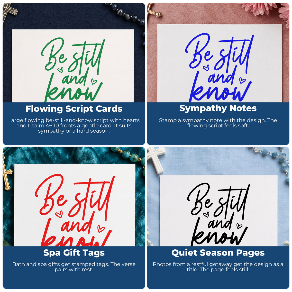 Faith-based rubber stamps for Bible journaling, prayer cards, and church event favors with inspirational Christian messages.
