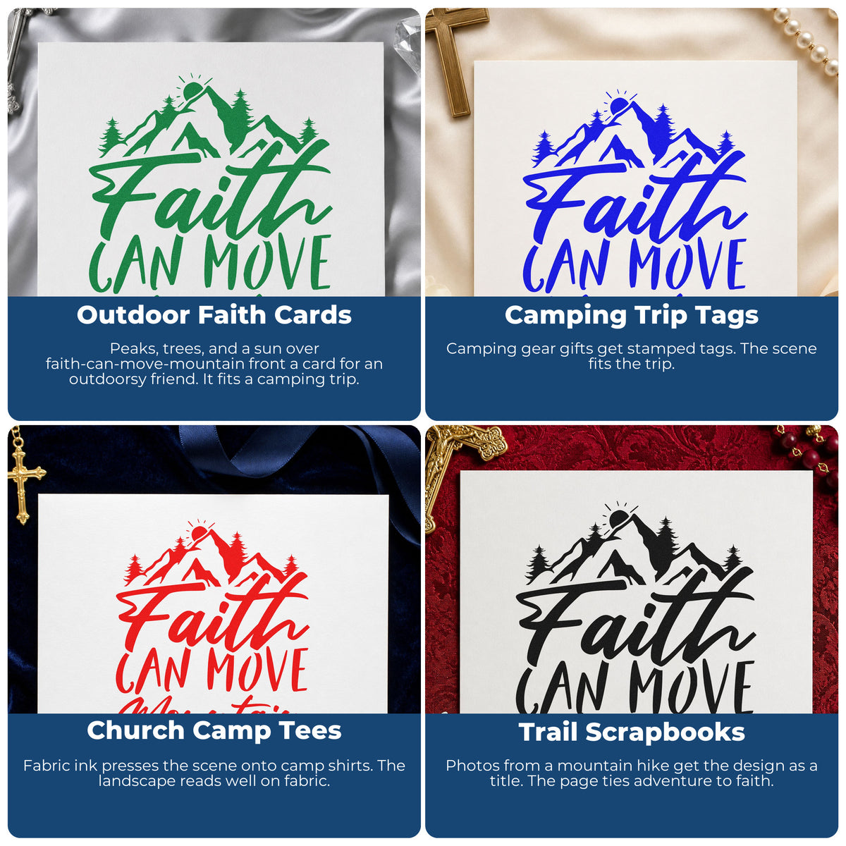 Christian rubber stamps for Bible journaling, prayer cards, scrapbooking, and church event favors with inspirational faith phrases.