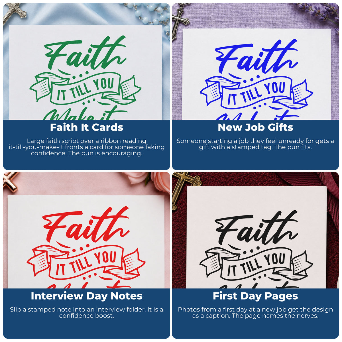 Four ways to use the Faith It Till You Make It Ribbon Stamp – PSI Pre-Inked: faith it cards, new job gifts, interview day notes and first day pages.