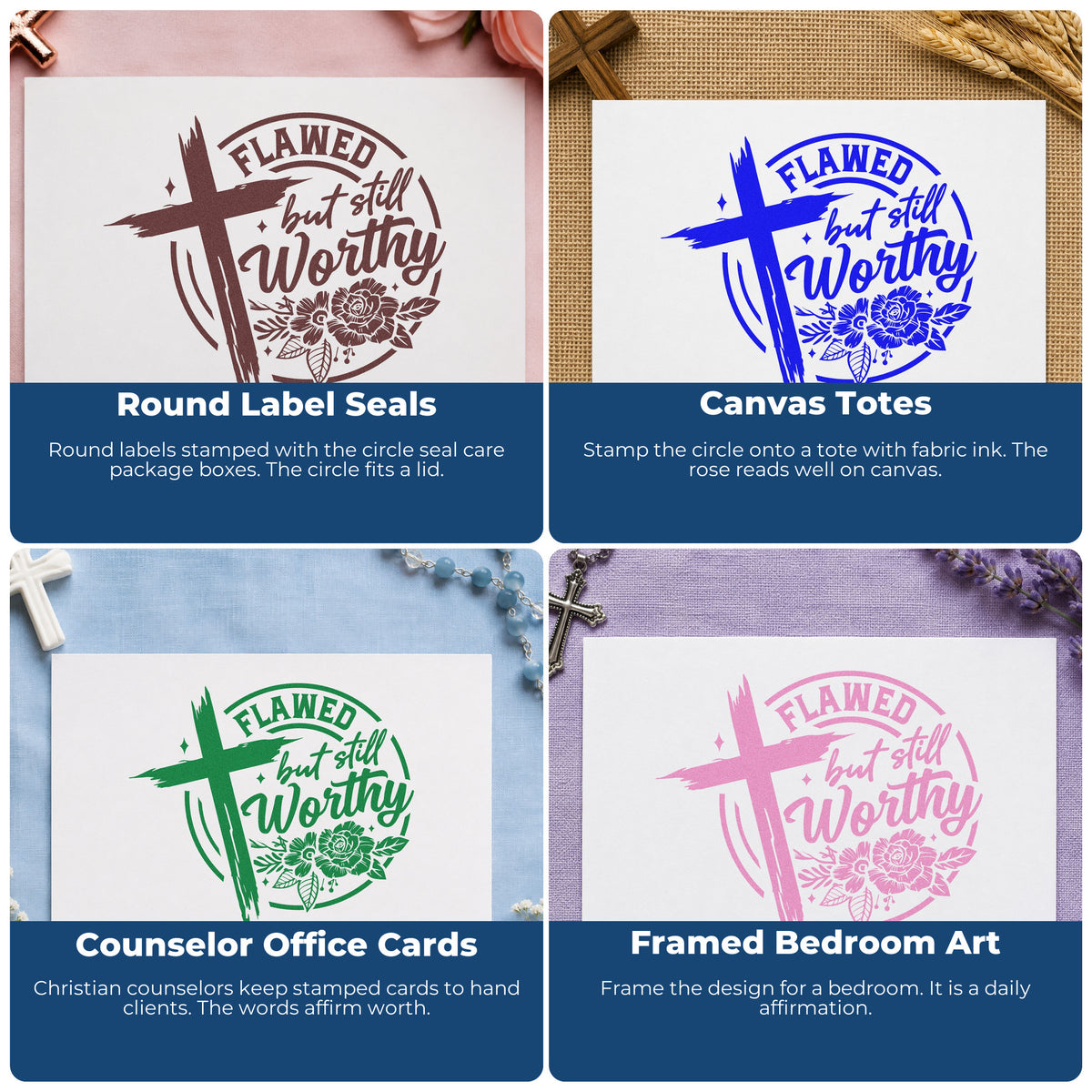 Four ways to use the Flawed But Still Worthy Self-Inking Craft Stamp: round label seals, canvas totes, counselor office cards and framed bedroom art.