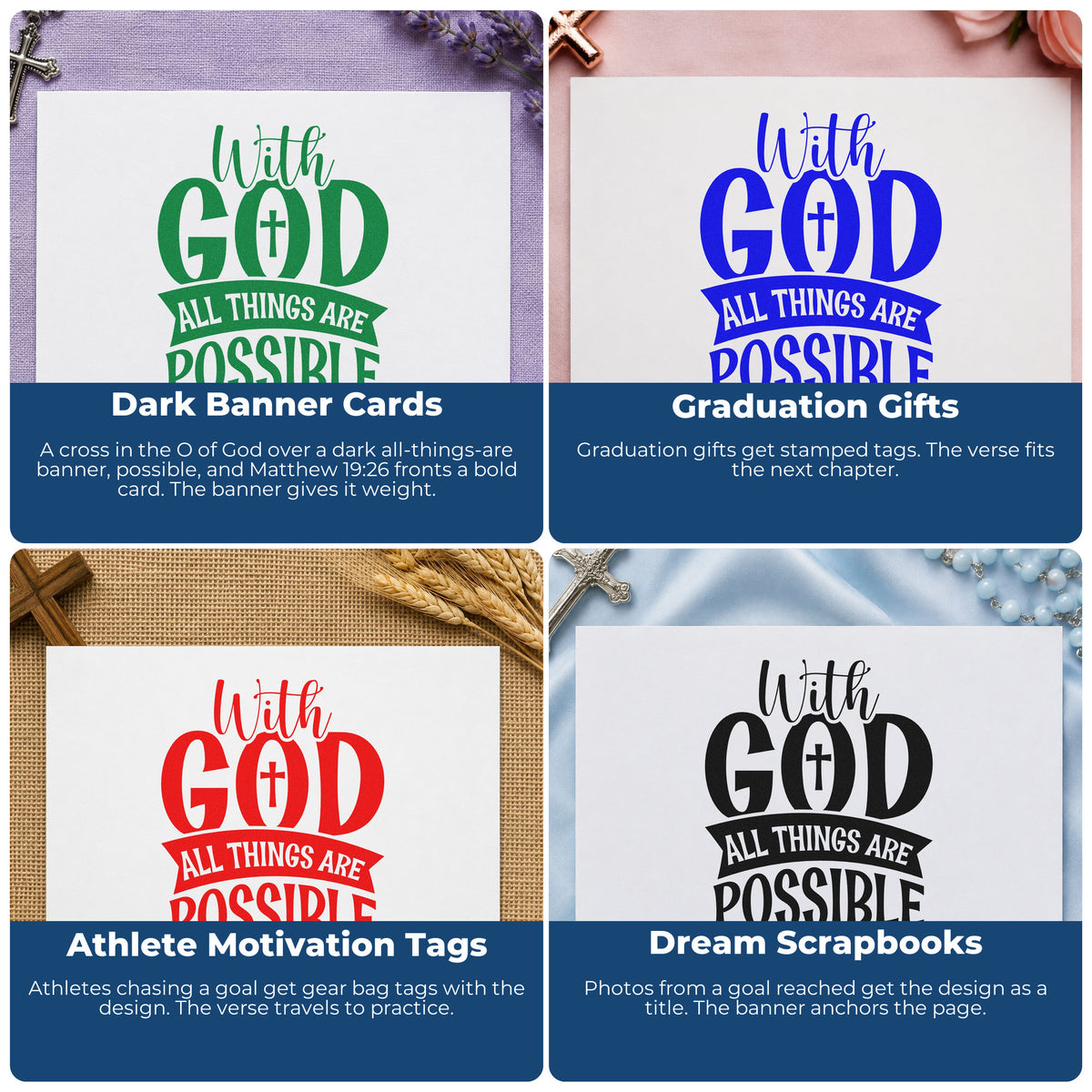 Christian rubber stamp ideas for Bible journaling, faith scrapbooking, prayer cards, and church favors with scripture quotes.