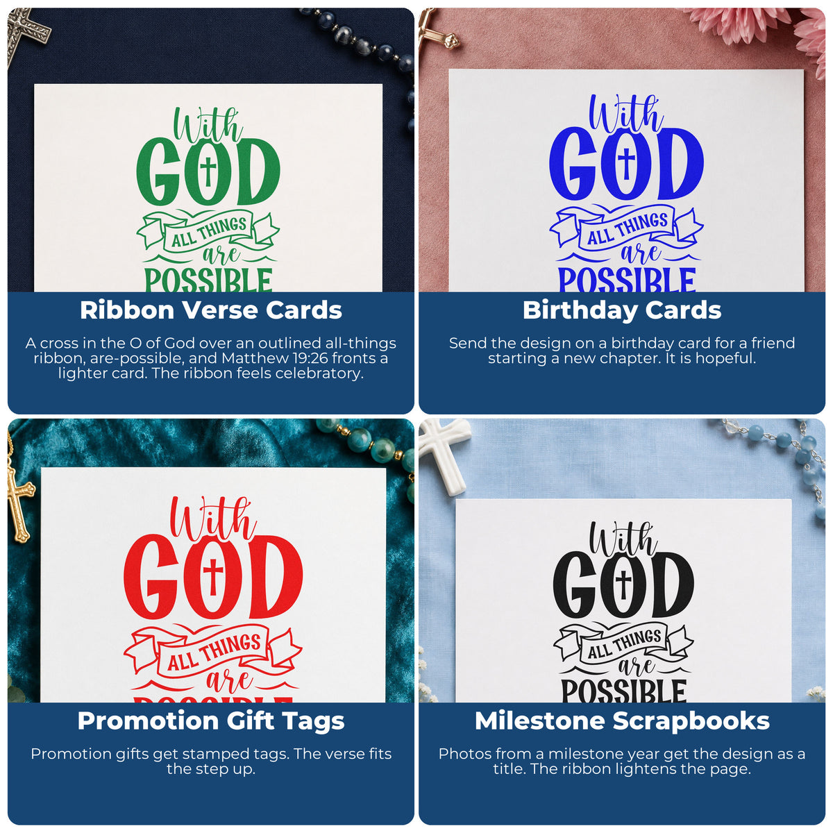 Collage of Christian rubber stamp projects for Bible journaling, faith-based scrapbooking, prayer cards, and church event favors.