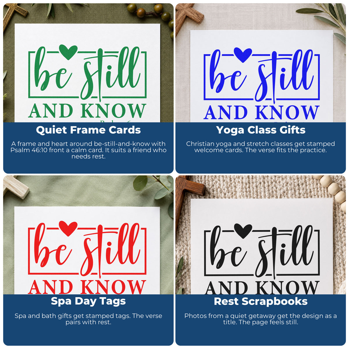 Four ways to use the Be Still Heart Framed Lettering Stamp – Self-Inking: quiet frame cards, yoga class gifts, spa day tags and rest scrapbooks.