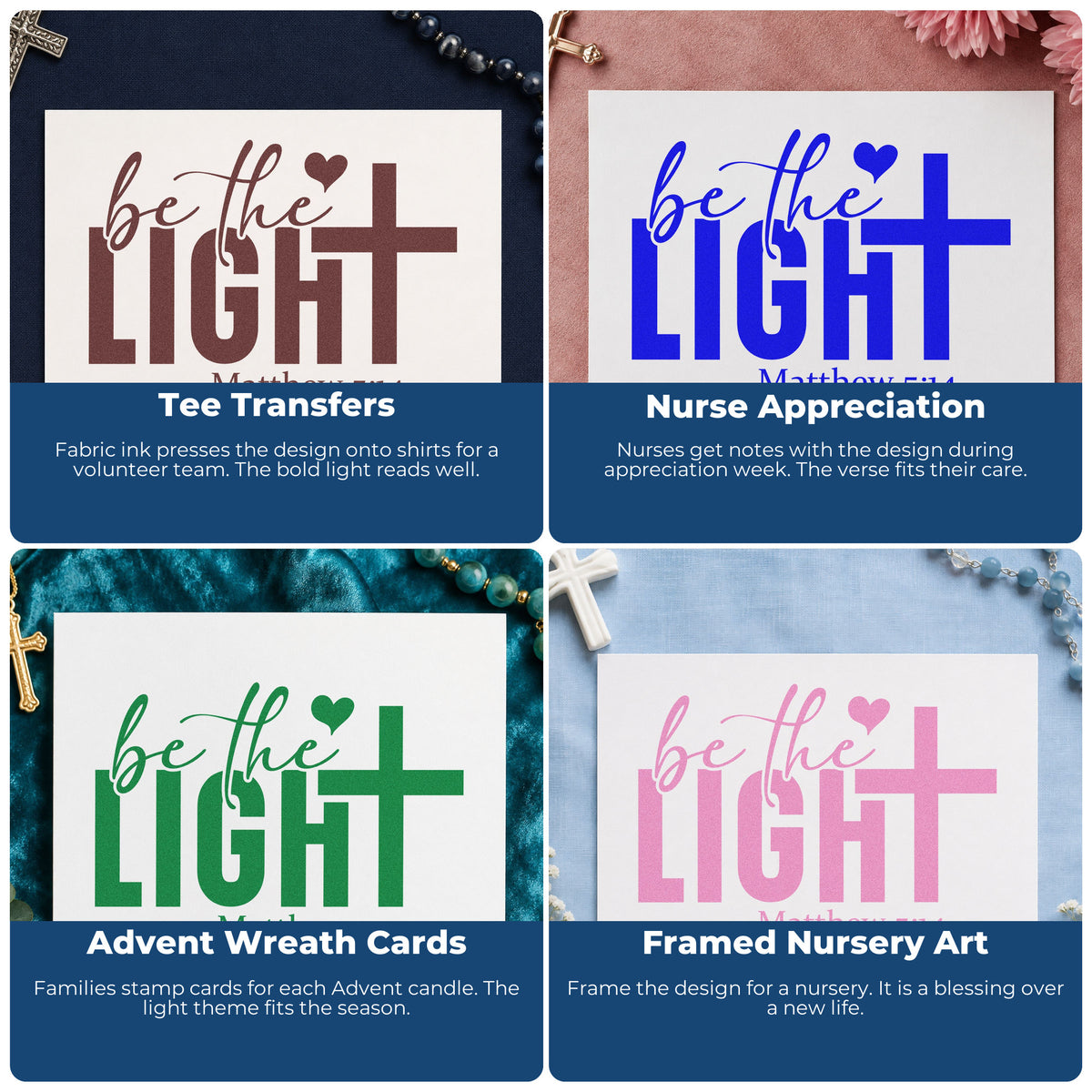 Four ways to use the Be The Light With Cross Pre-Inked Stamp – Slim: tee transfers, nurse appreciation, advent wreath cards and framed nursery art.