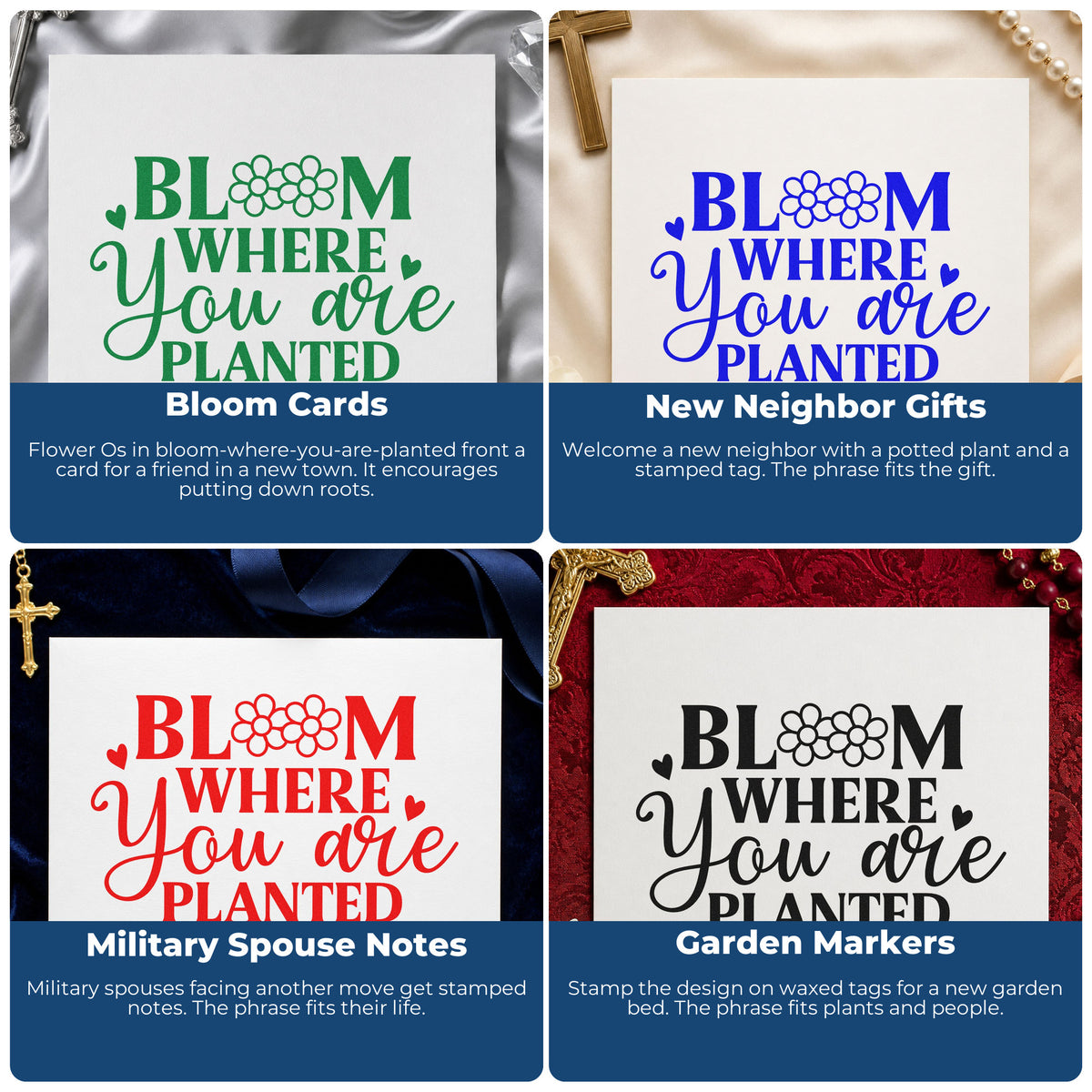 Four ways to use the Bloom Where You Are Planted Self-Inking Stamp: bloom cards, new neighbor gifts, military spouse notes and garden markers.