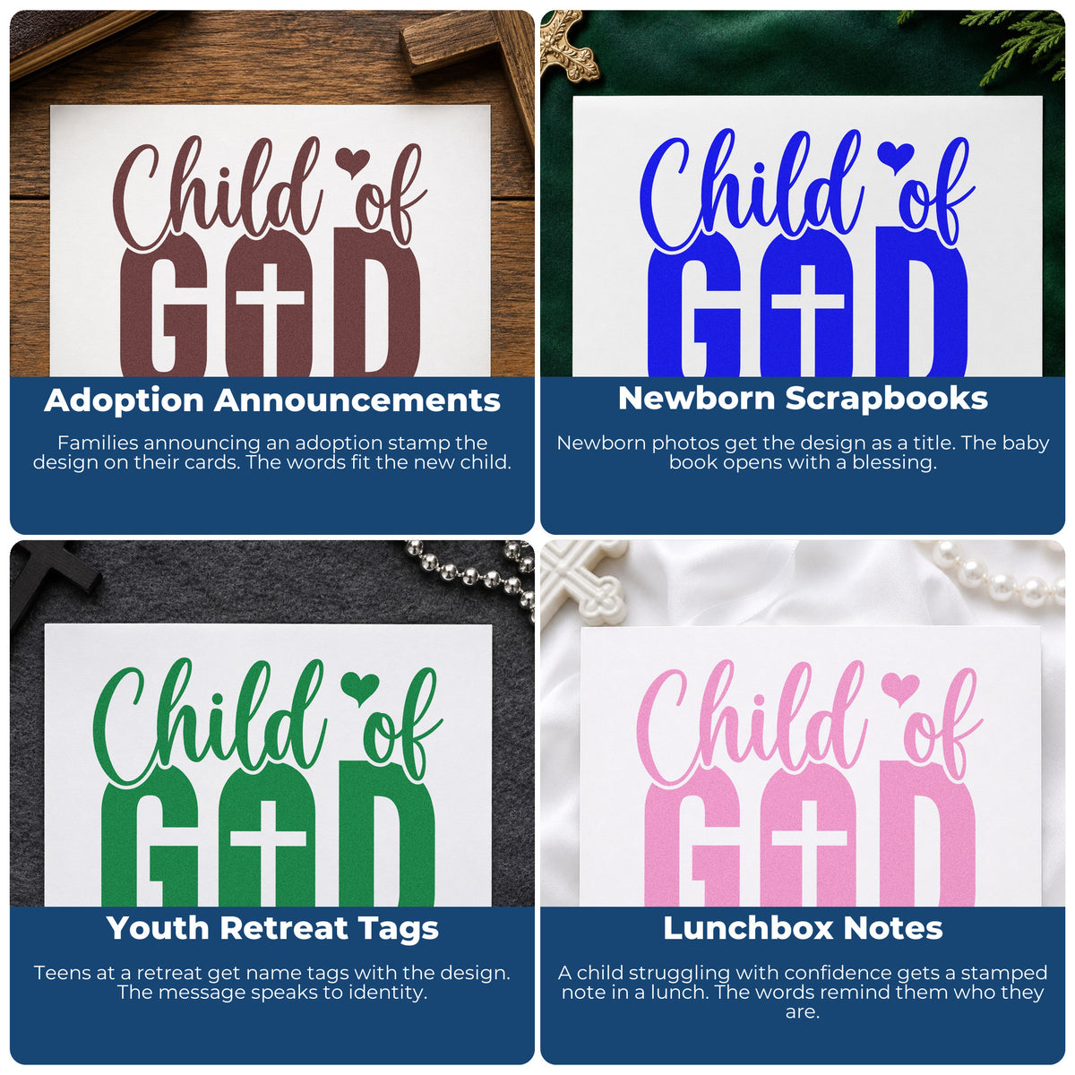 Four ways to use the PSI Pre-Inked Child Of God With Cross Stamp: adoption announcements, newborn scrapbooks, youth retreat tags and lunchbox notes.