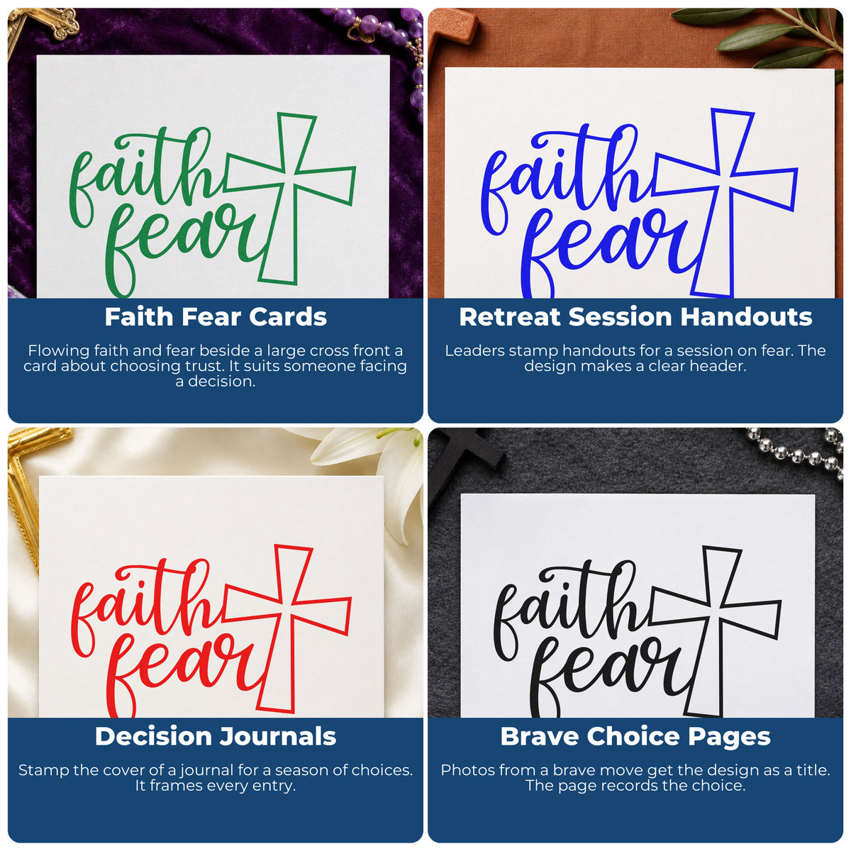 Four ways to use the Faith Over Fear Cross Outline Detail Stamp – Self-Inking: faith fear cards, retreat session handouts, decision journals and brave choice pages.