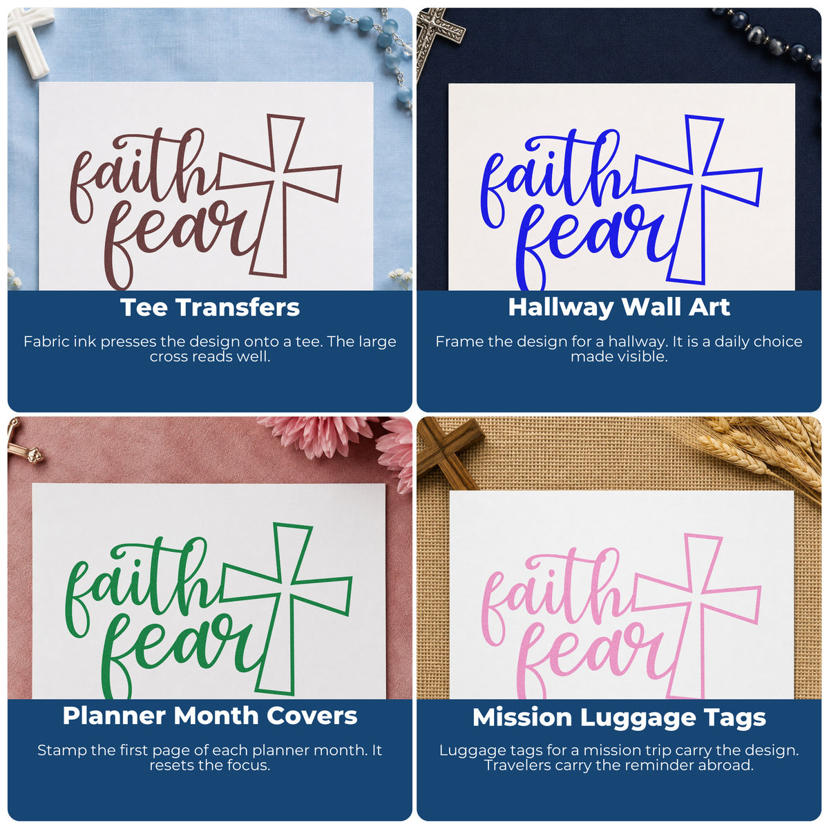 Four ways to use the Faith Over Fear Cross Outline Detail Stamp – Self-Inking: tee transfers, hallway wall art, planner month covers and mission luggage tags.