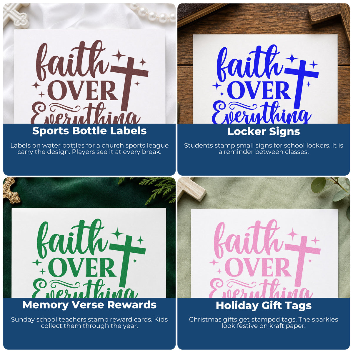 Christian rubber stamp ideas for gift tags, mail art, planners, and Sunday school crafts with Bible verses.