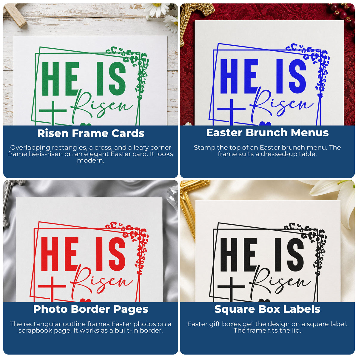 Four ways to use the He Is Risen Leafy Cross Frame Rubber Stamp – Duo Hand: risen frame cards, easter brunch menus, photo border pages and square box labels.