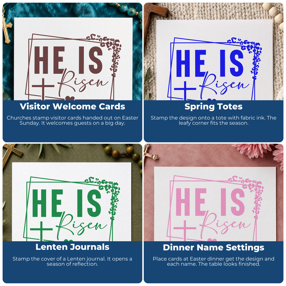 Four ways to use the He Is Risen Leafy Cross Frame Rubber Stamp – Duo Hand: visitor welcome cards, spring totes, lenten journals and dinner name settings.