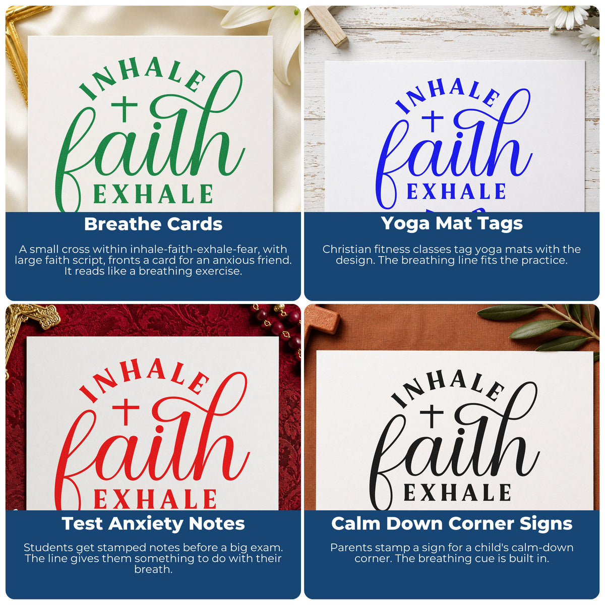 Four ways to use the Inhale Faith Exhale Fear Rubber Stamp – Duo Hand: breathe cards, yoga mat tags, test anxiety notes and calm down corner signs.