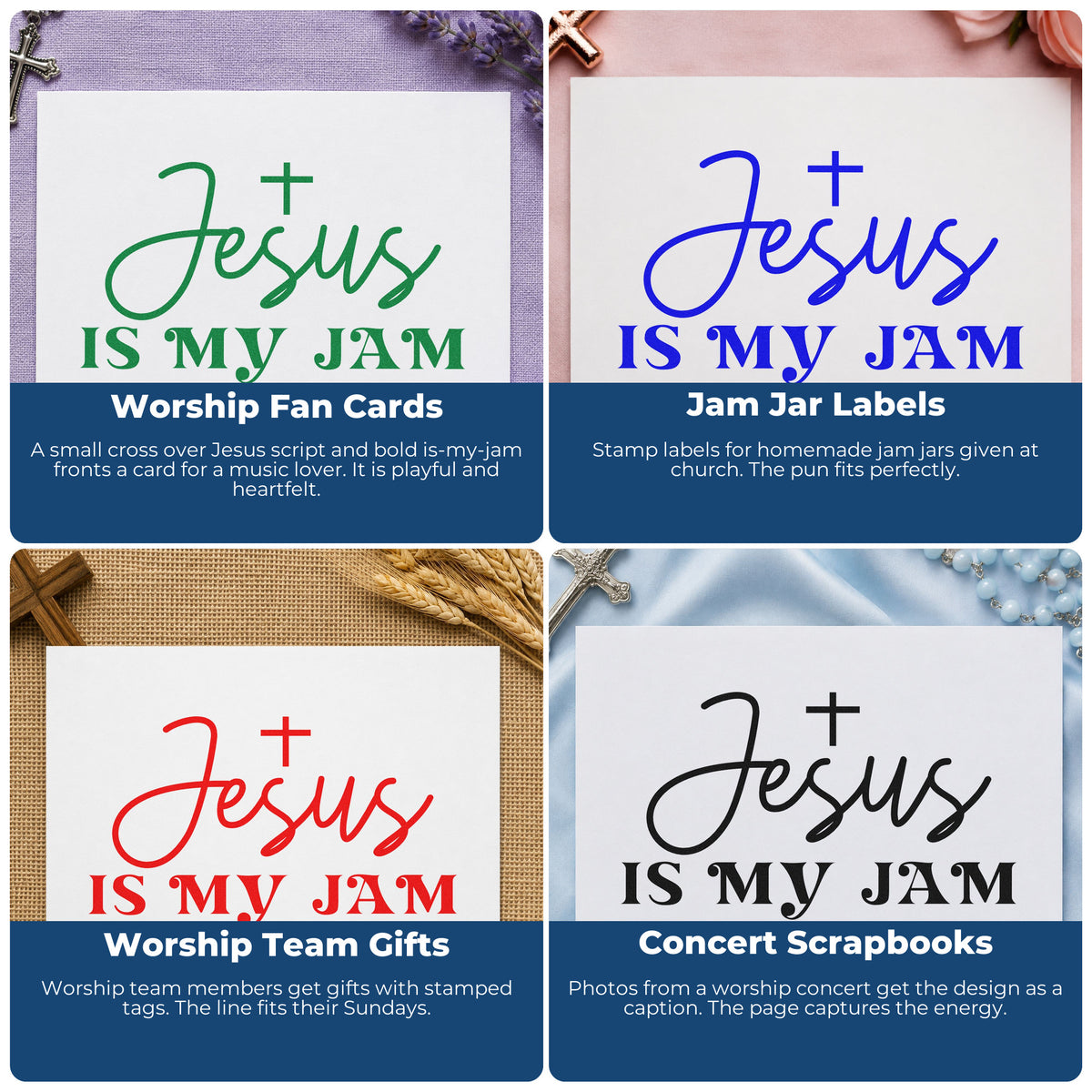 Four ways to use the Jesus Is My Jam Self-Inking Stamp: worship fan cards, jam jar labels, worship team gifts and concert scrapbooks.