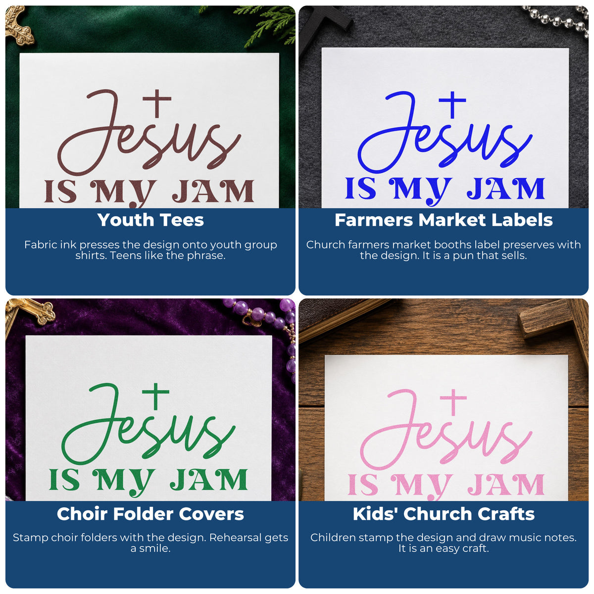 Four ways to use the Jesus Is My Jam Compact Pre-Inked Stamp – Slim: youth tees, farmers market labels, choir folder covers and kids' church crafts.
