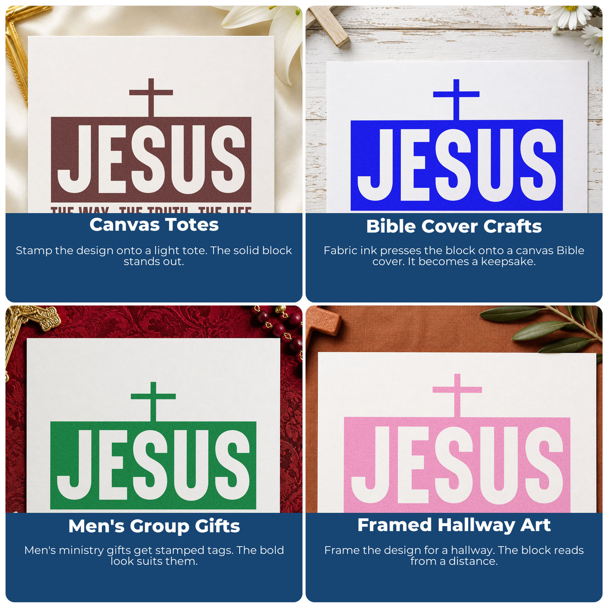 Four ways to use the PSI Pre-Inked Jesus The Way Truth Life With Cross Stamp: canvas totes, bible cover crafts, men's group gifts and framed hallway art.