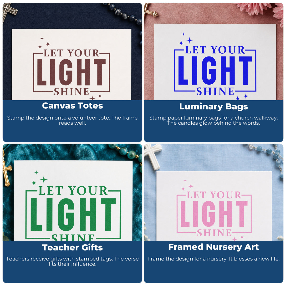 Four ways to use the Let Your Light Shine Stamp – Duo Hand: canvas totes, luminary bags, teacher gifts and framed nursery art.